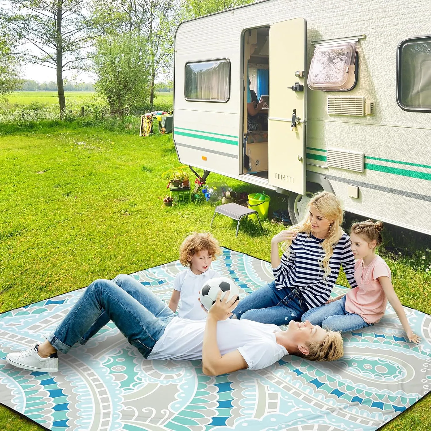 Beach Blanket Sandproof Extra Large Beach Mat Adults Waterproof Quick Drying Sand Free Mat Made by Premium Polyester with 4 Stakes & 4 Corner Pockets for Outdoor Travel Camping Hiking