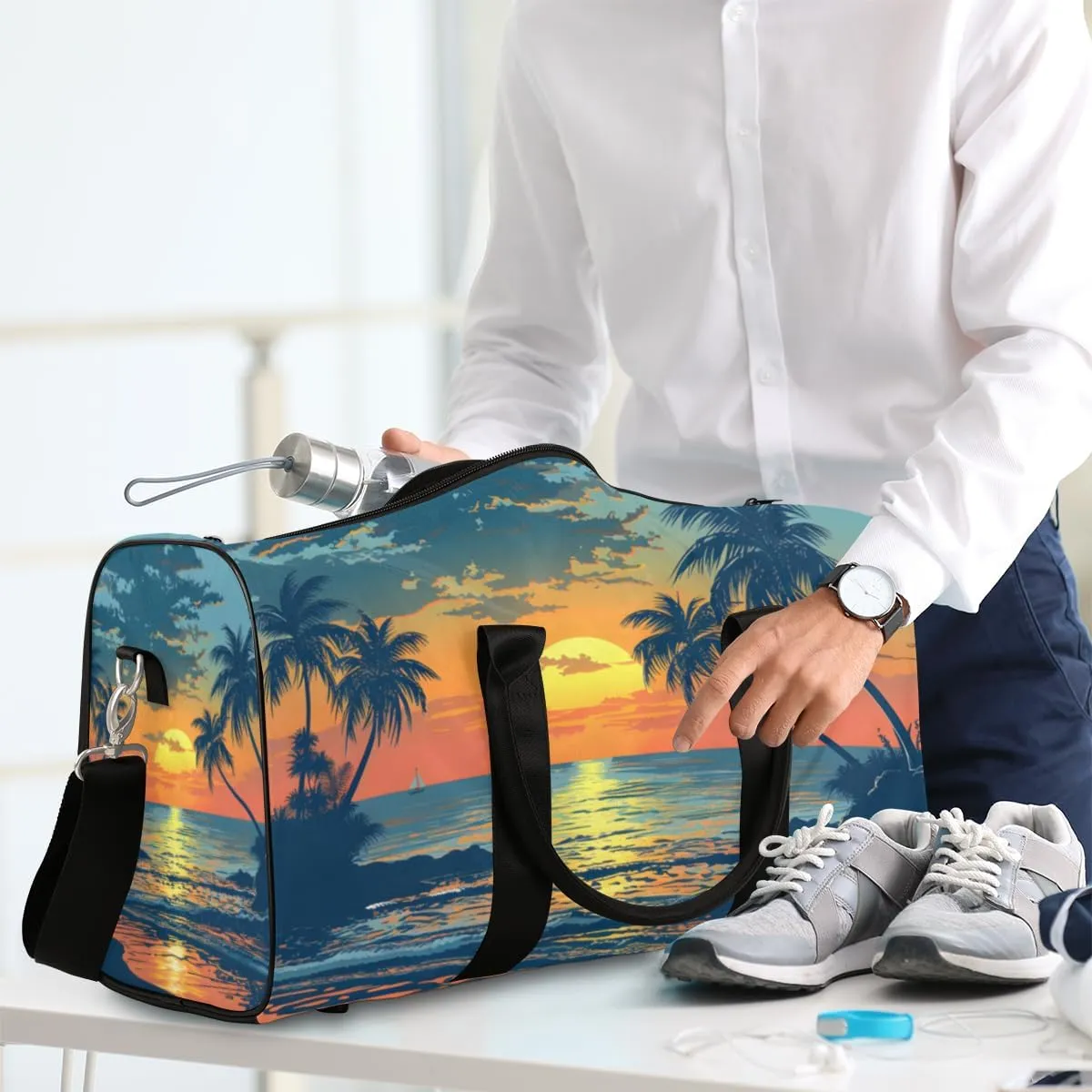 Beach Scenery Travel Duffle Bag for Women Men Gym Duffel Foldable Bag Waterproof Weekender Tropical Palm Tree Duffle Tote