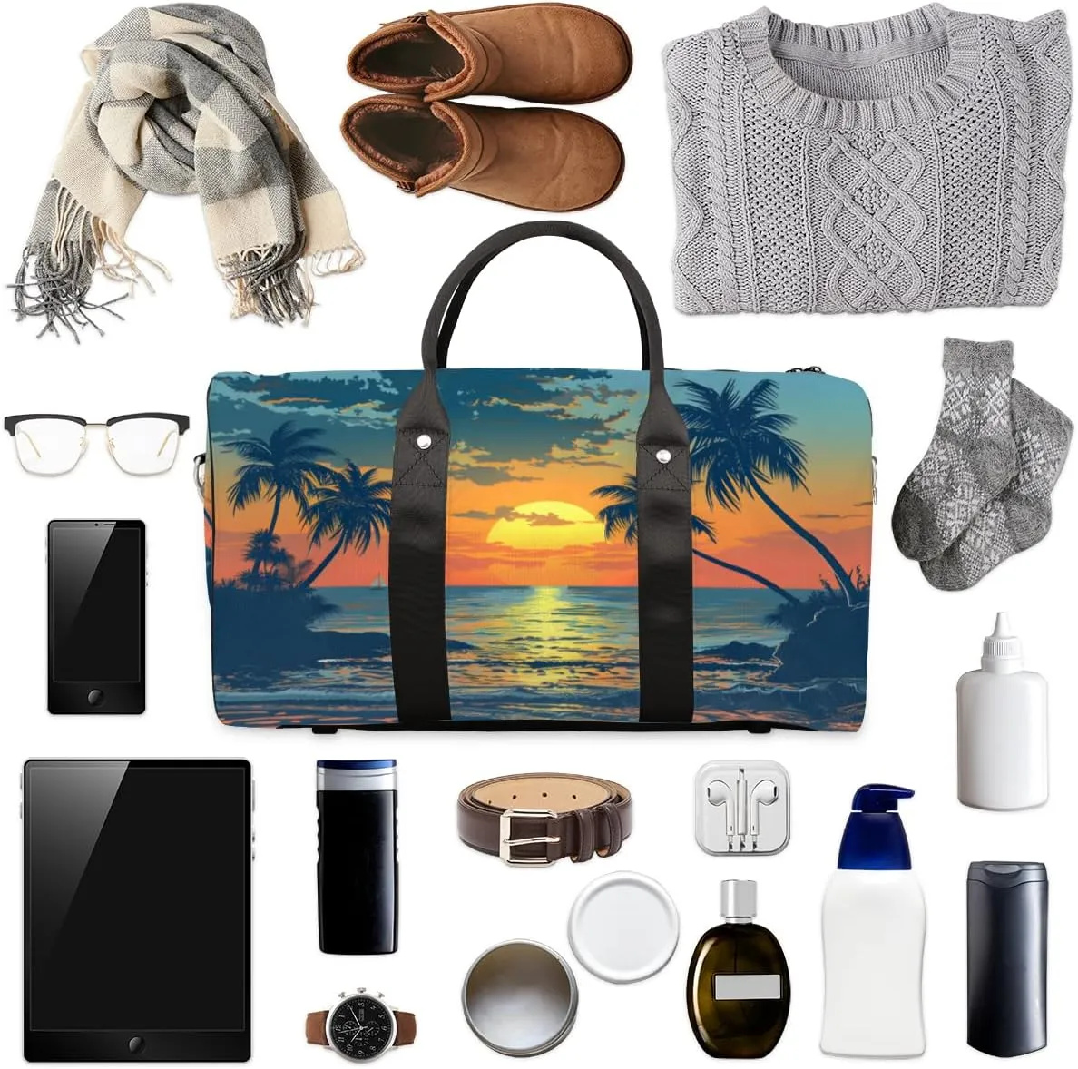 Beach Scenery Travel Duffle Bag for Women Men Gym Duffel Foldable Bag Waterproof Weekender Tropical Palm Tree Duffle Tote
