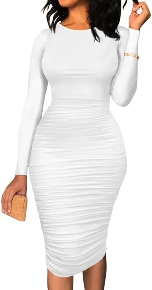 BEAGIMEG Women's Ruched Long Sleeve Elegant Bodycon Basic Casual Midi Dress