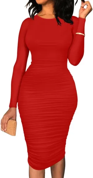 BEAGIMEG Women's Ruched Long Sleeve Elegant Bodycon Basic Casual Midi Dress