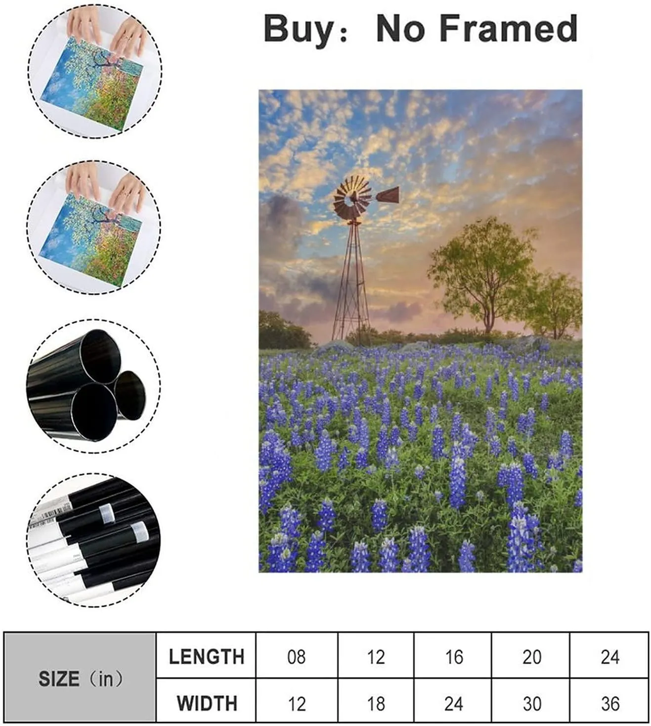 Beautiful Texas Bluebonnets Flowers Sunset Windmill Tree Canvas Poster Bedroom Decor Sports Landscape Office Room Decor Gift,Canvas Poster Wall Art Decor Print Picture Paintings for Living Room Bedroo