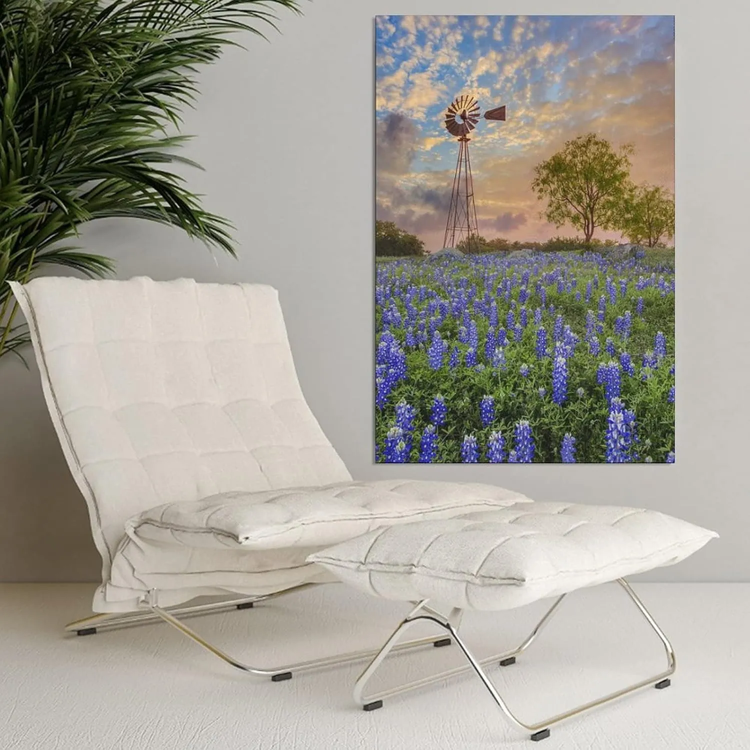 Beautiful Texas Bluebonnets Flowers Sunset Windmill Tree Canvas Poster Bedroom Decor Sports Landscape Office Room Decor Gift,Canvas Poster Wall Art Decor Print Picture Paintings for Living Room Bedroo