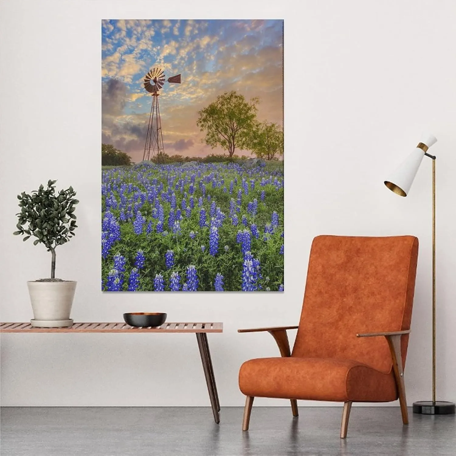 Beautiful Texas Bluebonnets Flowers Sunset Windmill Tree Canvas Poster Bedroom Decor Sports Landscape Office Room Decor Gift,Canvas Poster Wall Art Decor Print Picture Paintings for Living Room Bedroo