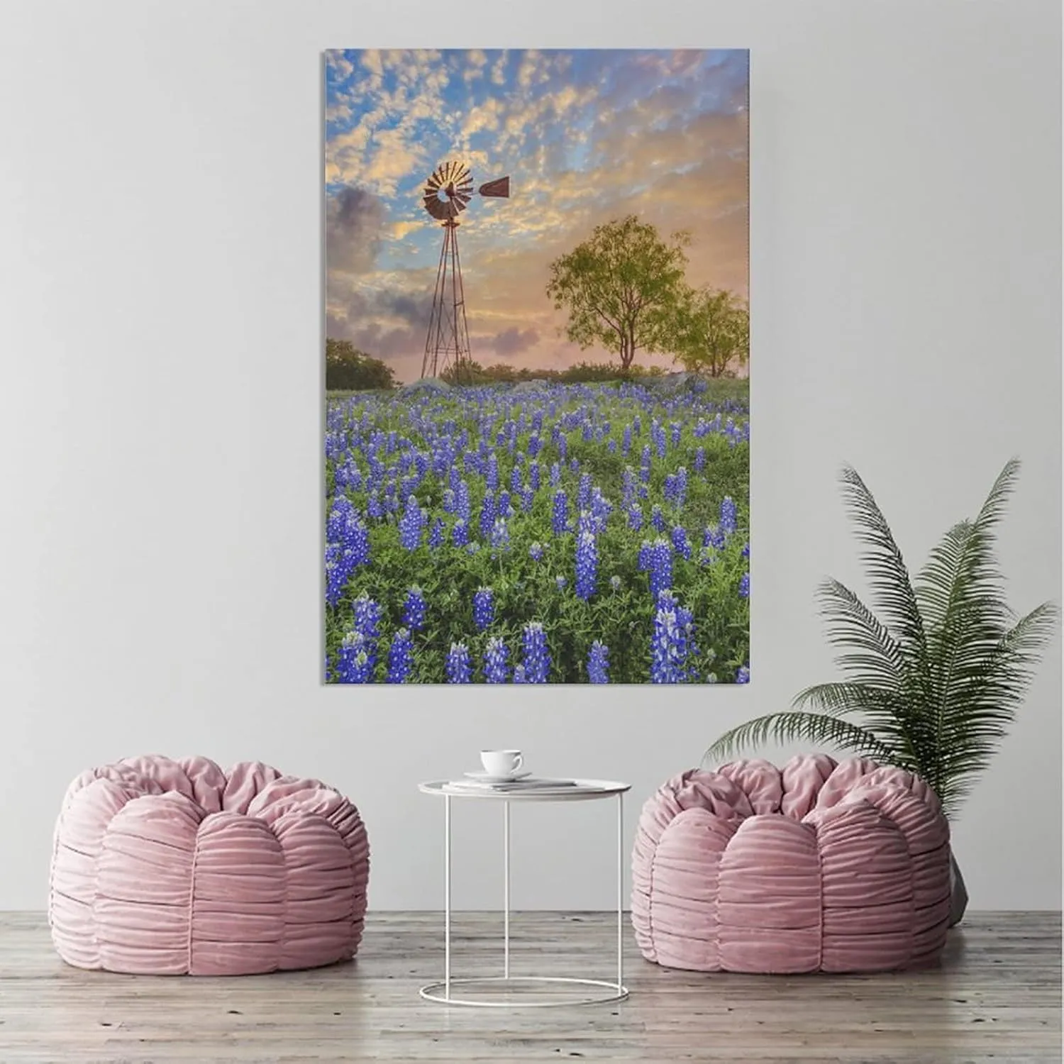 Beautiful Texas Bluebonnets Flowers Sunset Windmill Tree Canvas Poster Bedroom Decor Sports Landscape Office Room Decor Gift,Canvas Poster Wall Art Decor Print Picture Paintings for Living Room Bedroo