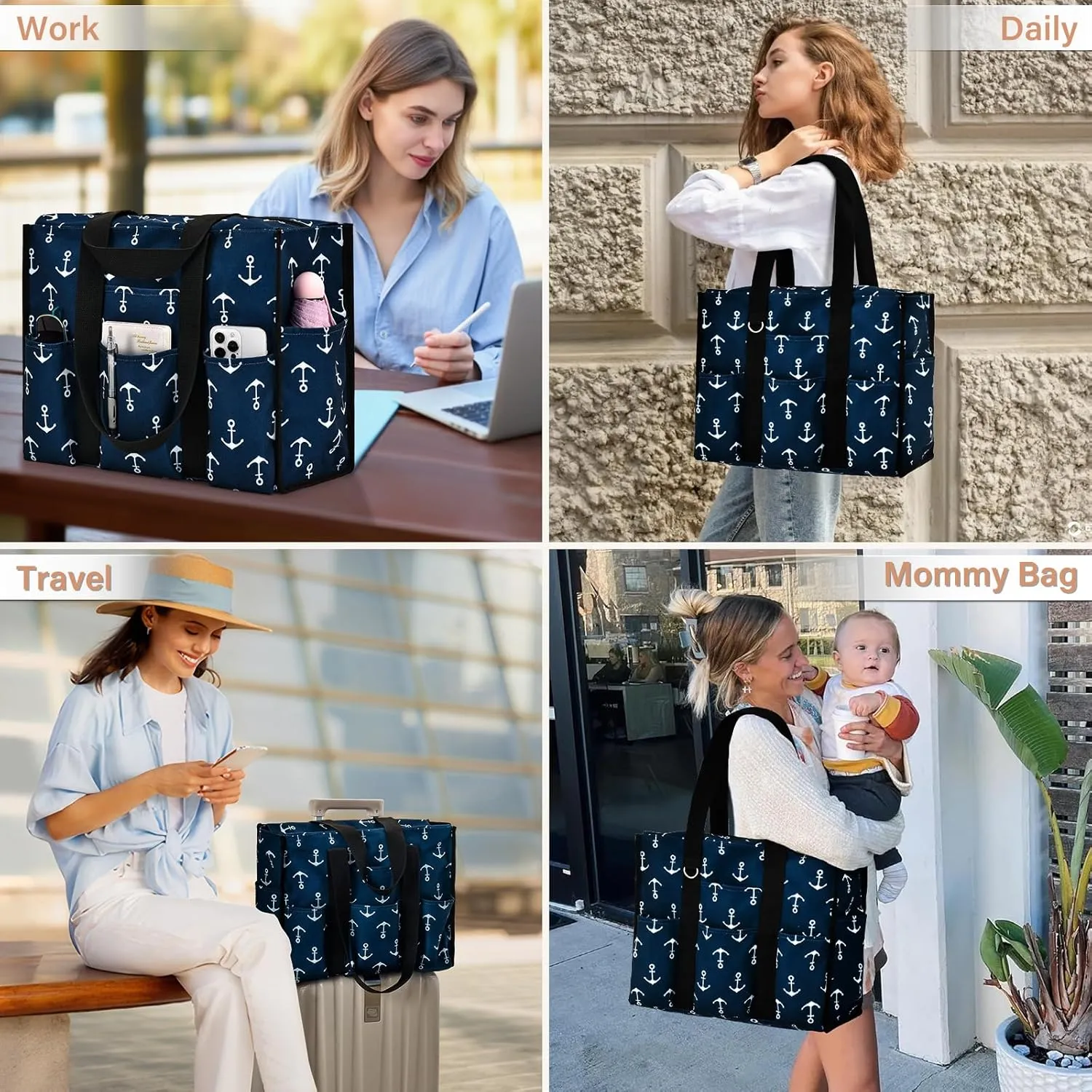 Becokan Large Tote Bag for Women Waterproof with 12 Pockets Top Zipper Closure Utility Teacher Nurse Bags for Work School