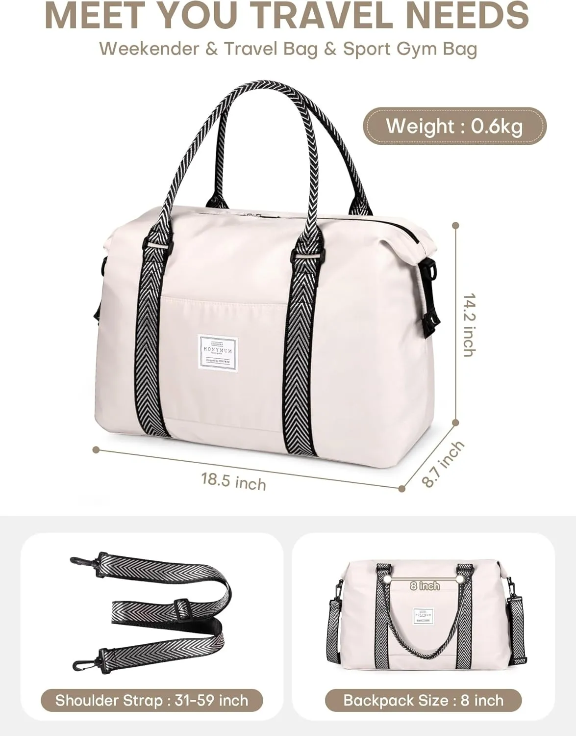 Beige Travel Duffle Bag,Waterproof Weekender bag,Carry On,Sport Gym Bag for Men Women with Wet Pocket,18x14x8