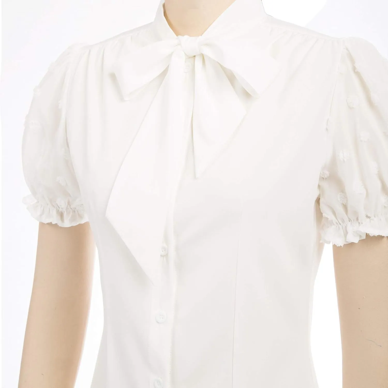 Belle Poque Summer Short Sleeve Office Button Down Blouse Vintage Business Casual Shirts Tops with Bow Tie