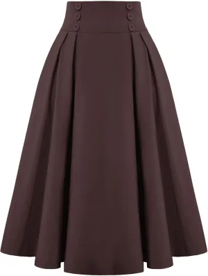 Belle Poque Women's Vintage High Waist Pleated Midi A-Line Skirt with Pockets