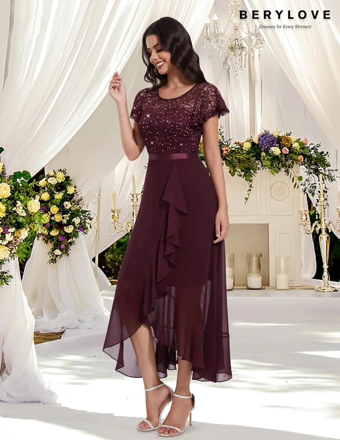 BeryLove Formal Dresses for Women 2025 Wedding Guest with Slit Cocktail Elegant Lace Long Prom Dress