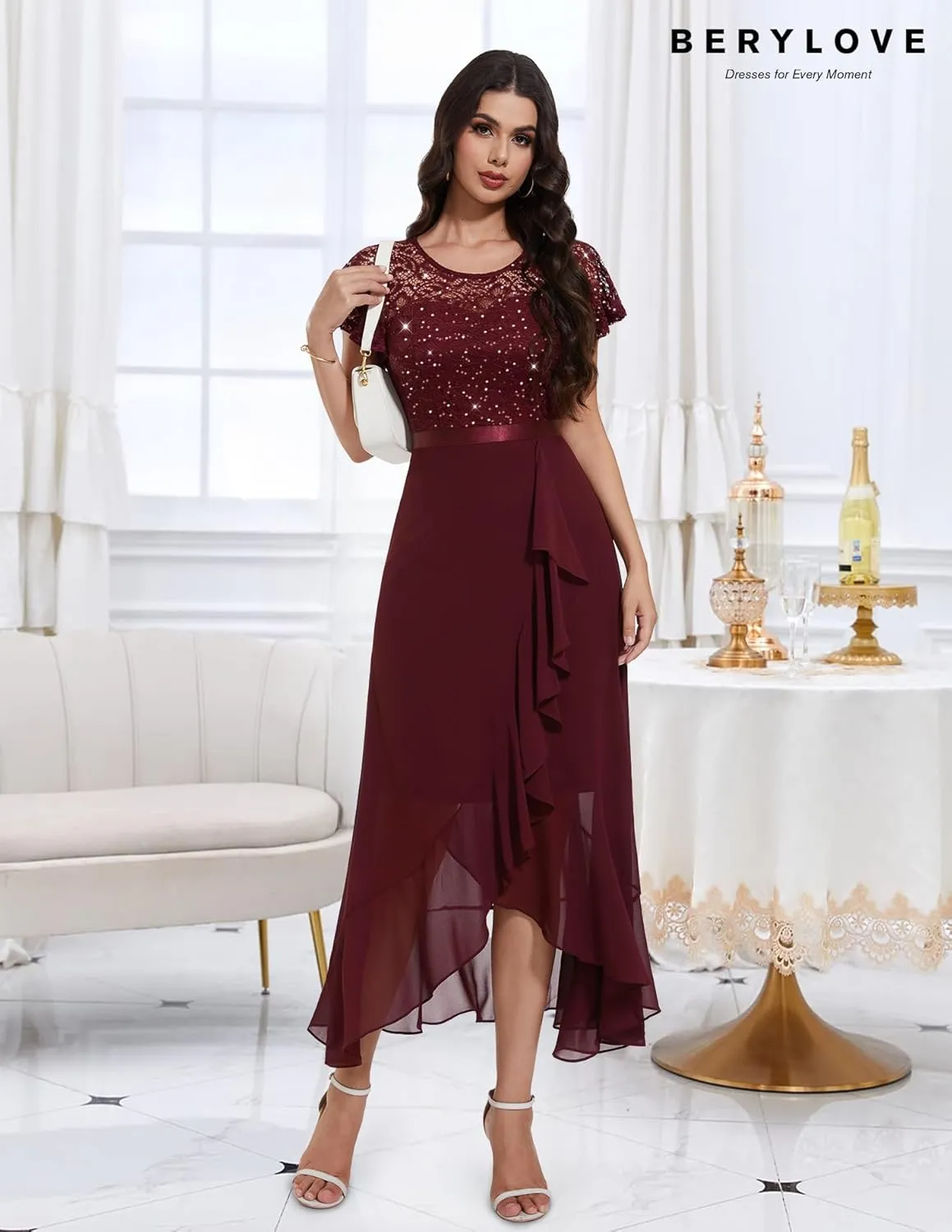 BeryLove Formal Dresses for Women 2025 Wedding Guest with Slit Cocktail Elegant Lace Long Prom Dress