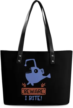 Beware I Bite Women's Tote Bag Leather Purse Shoulder Handbag Portable Shopping Bag for Travel Office