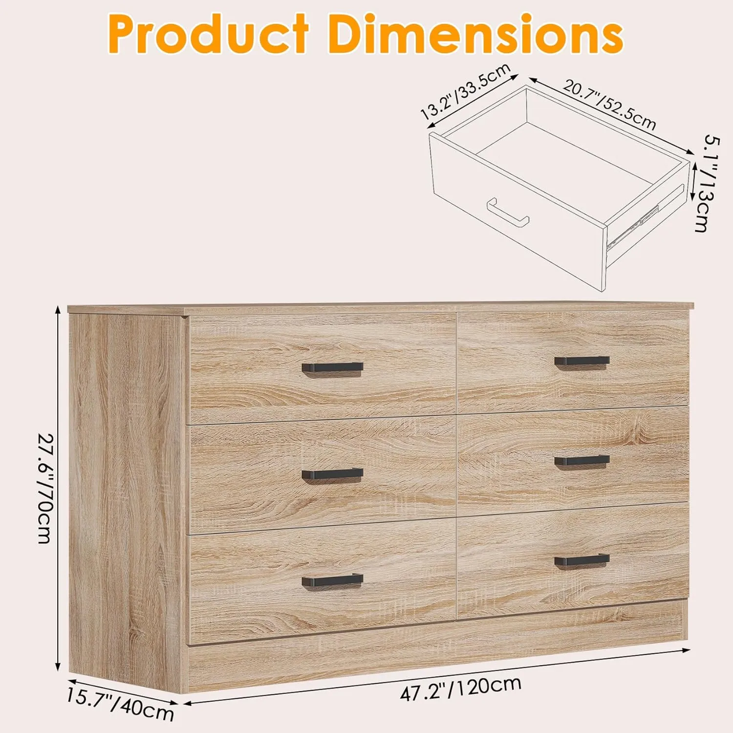 Bigbiglife Dresser for Bedroom, 6 Drawer Double Dresser, Modern Chest of Drawers with Deep Drawers, TV Stand Large Storage Organizer for Living Room, Closet (Light Oak)