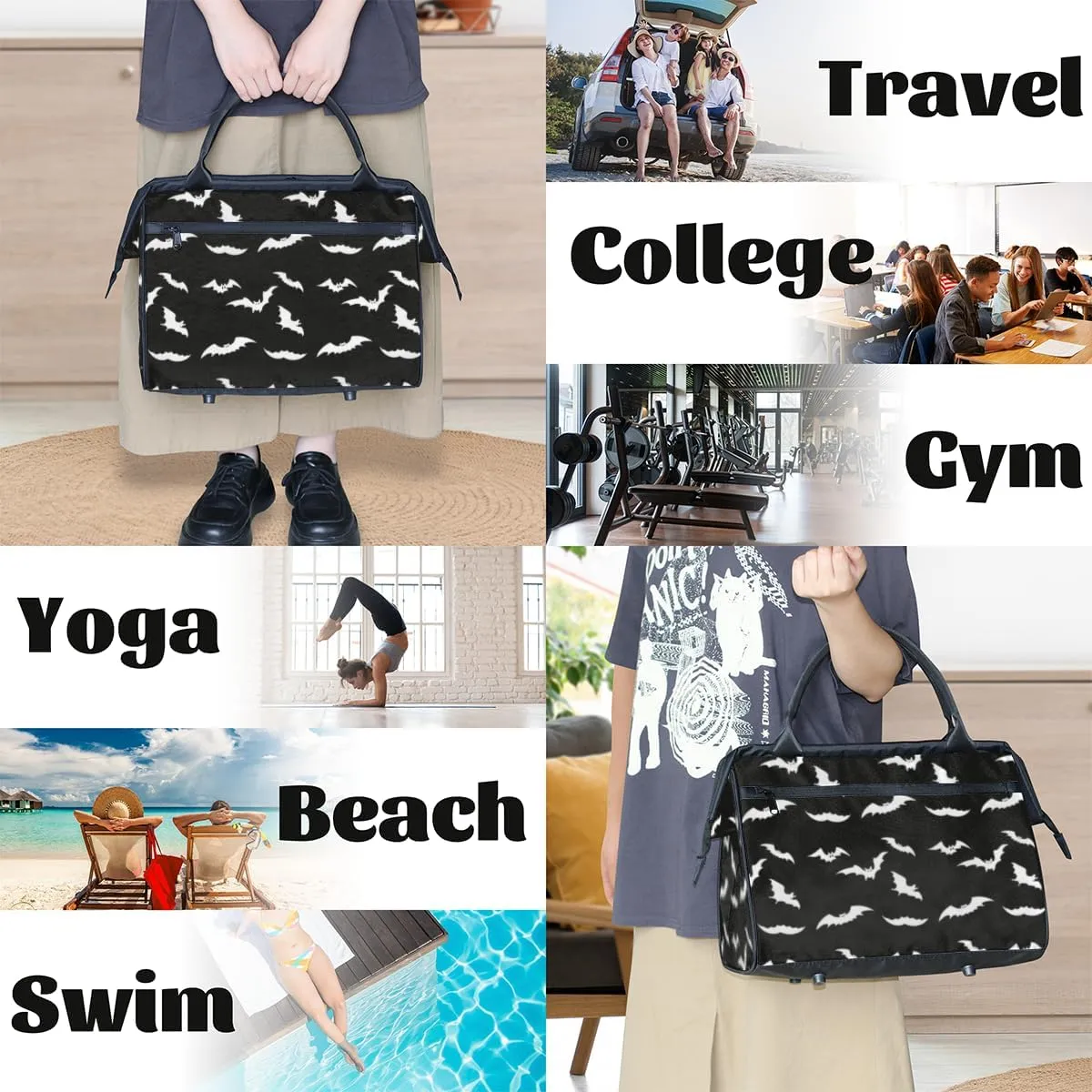 Black Bat Cool Small Overnight Weekender Tote Bag for Women Men Foldable Travel Duffel Bags Lightweight Sports Gym Bag Waterproof Carry On Luggage Weekender Bag for Traveling Gifts