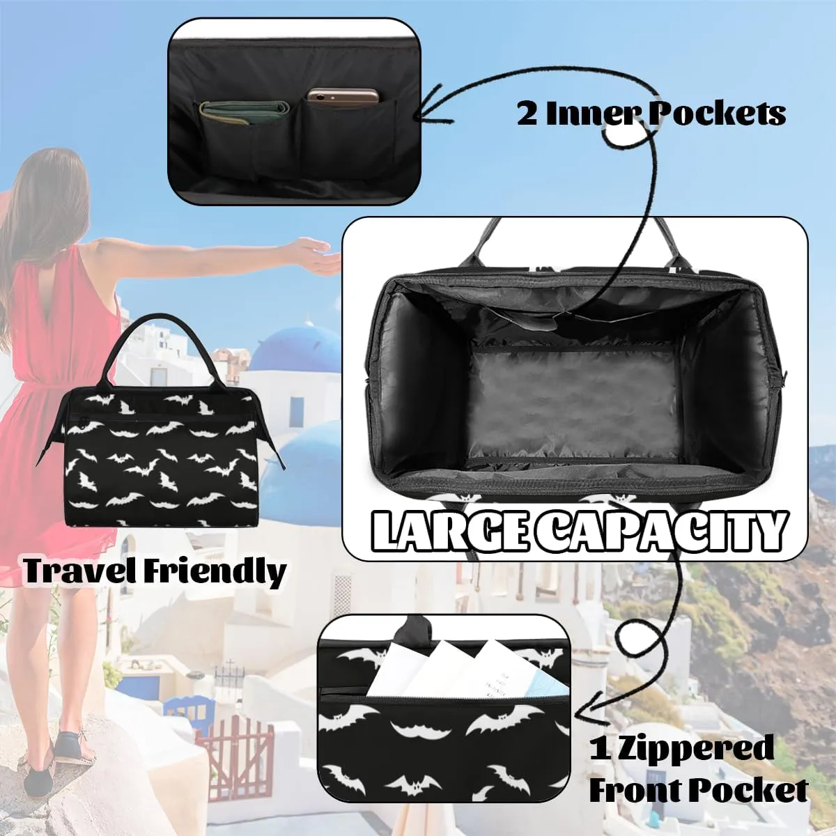 Black Bat Cool Small Overnight Weekender Tote Bag for Women Men Foldable Travel Duffel Bags Lightweight Sports Gym Bag Waterproof Carry On Luggage Weekender Bag for Traveling Gifts