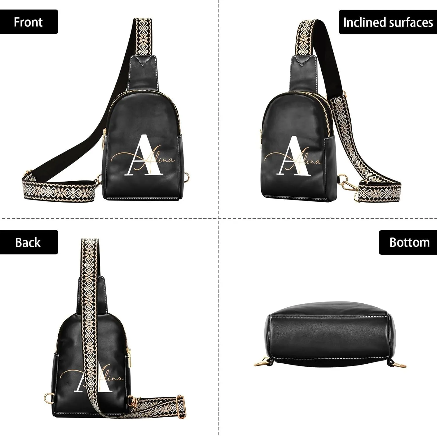 Black Custom Crossbody Sling Bag for Women Men Personalized Leather Chest Bags Purse Adjustable Cross Body Daypack for Shopping Traveling Work