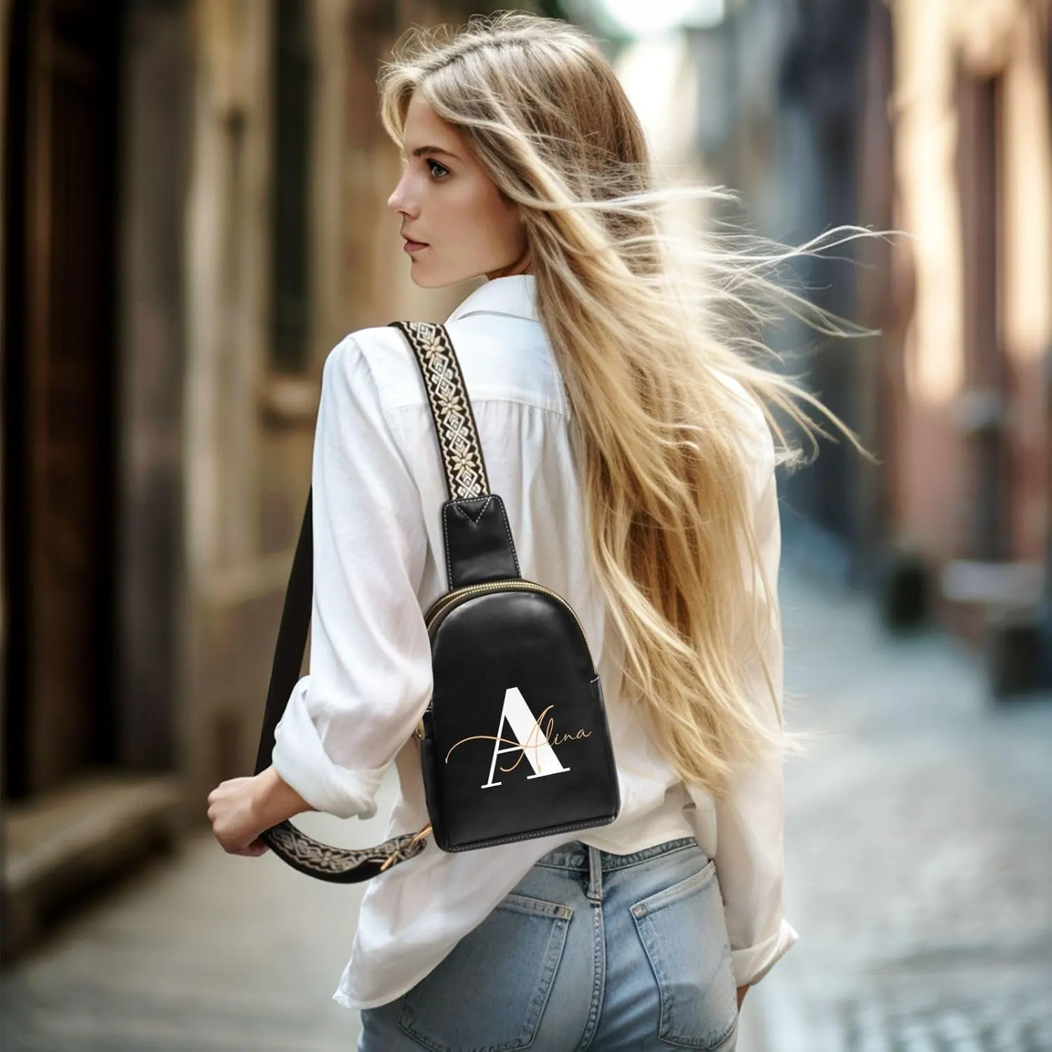 Black Custom Crossbody Sling Bag for Women Men Personalized Leather Chest Bags Purse Adjustable Cross Body Daypack for Shopping Traveling Work