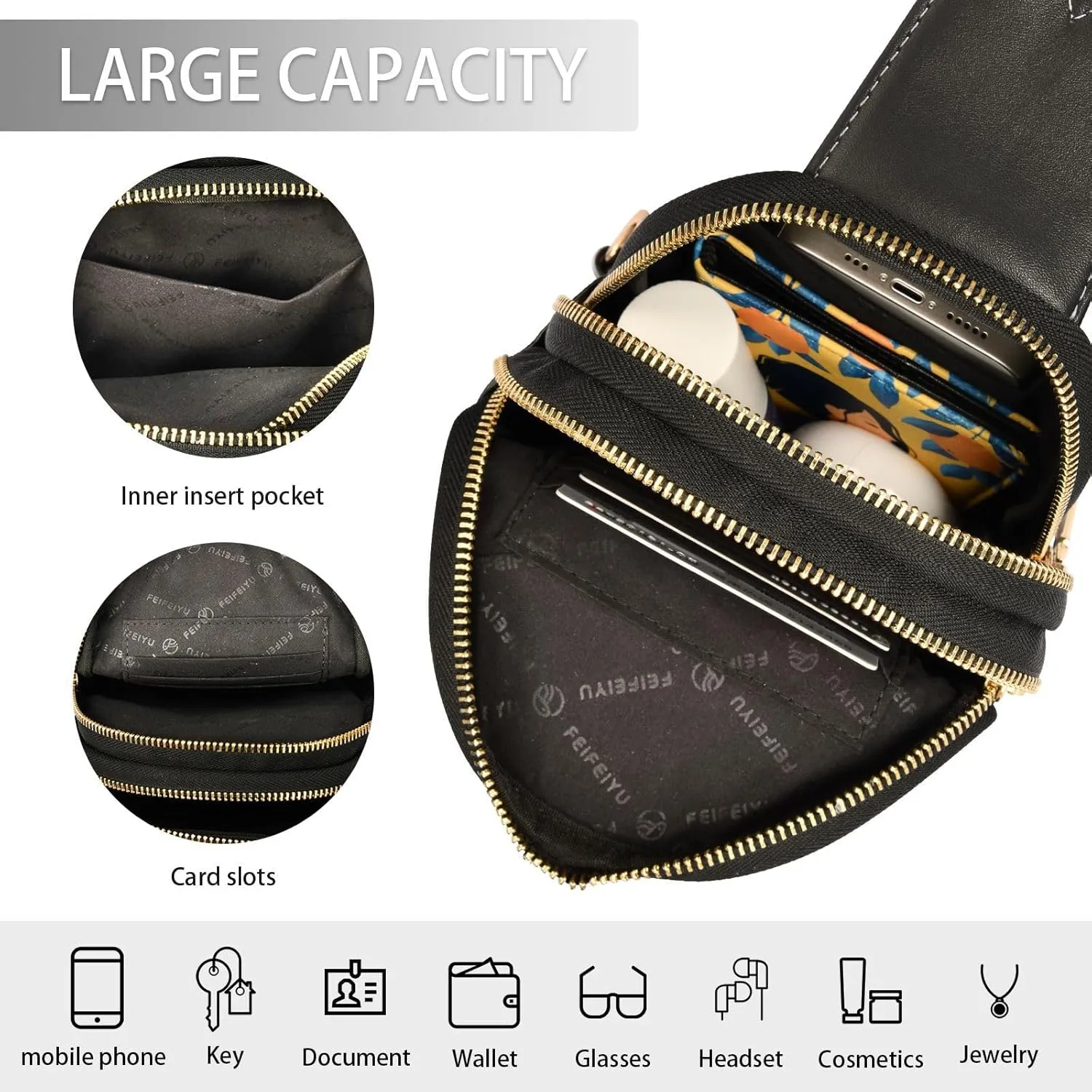 Black Custom Crossbody Sling Bag for Women Men Personalized Leather Chest Bags Purse Adjustable Cross Body Daypack for Shopping Traveling Work