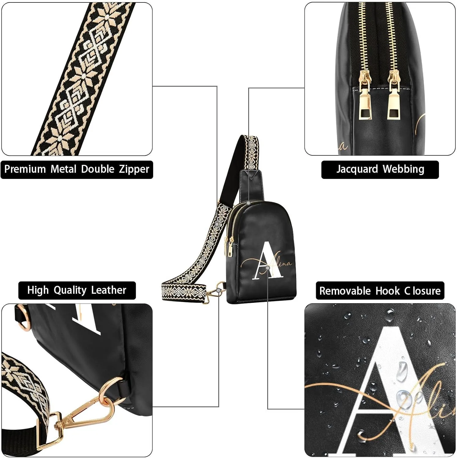 Black Custom Crossbody Sling Bag for Women Men Personalized Leather Chest Bags Purse Adjustable Cross Body Daypack for Shopping Traveling Work