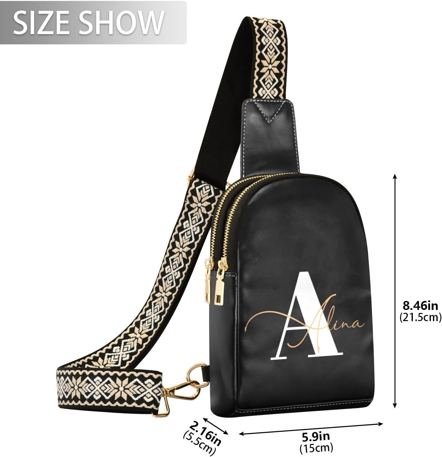 Black Custom Crossbody Sling Bag for Women Men Personalized Leather Chest Bags Purse Adjustable Cross Body Daypack for Shopping Traveling Work