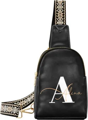 Black Custom Crossbody Sling Bag for Women Men Personalized Leather Chest Bags Purse Adjustable Cross Body Daypack for Shopping Traveling Work