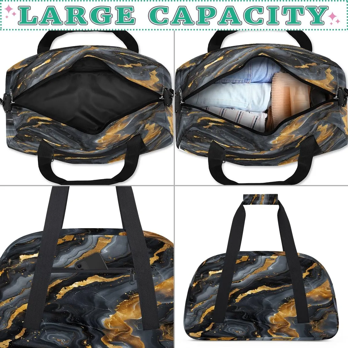 Black Grey Gold Marble Kids Overnighter Duffel Bags for Boys, Carry-On Size Sports Gym Bag with Front Zipper Pocket for School Practice or Overnight Travel Weekender Sleepover Tote Bag