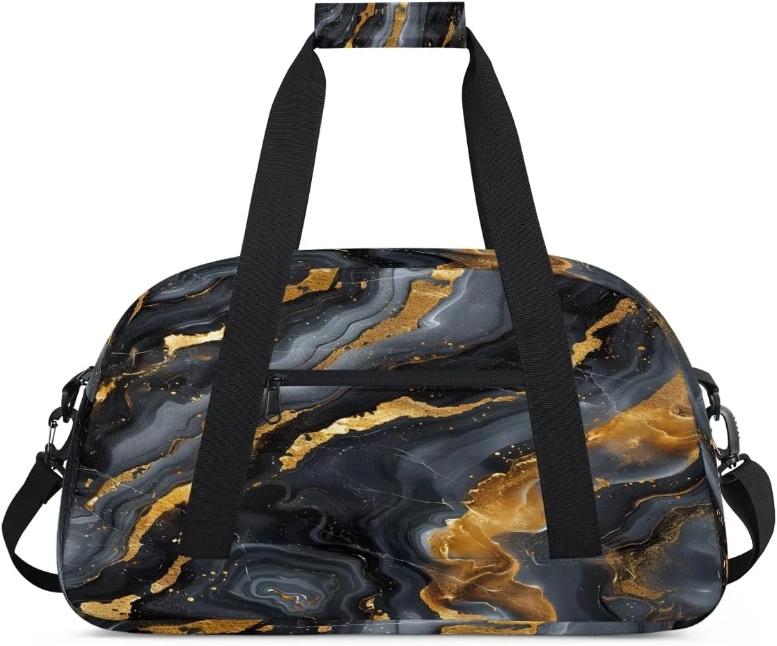 Black Grey Gold Marble Kids Overnighter Duffel Bags for Boys, Carry-On Size Sports Gym Bag with Front Zipper Pocket for School Practice or Overnight Travel Weekender Sleepover Tote Bag