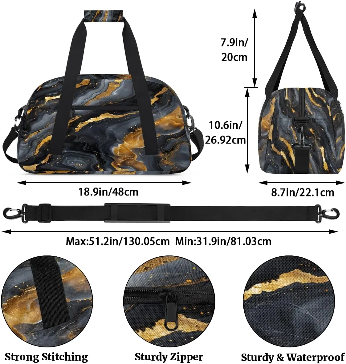 Black Grey Gold Marble Kids Overnighter Duffel Bags for Boys, Carry-On Size Sports Gym Bag with Front Zipper Pocket for School Practice or Overnight Travel Weekender Sleepover Tote Bag