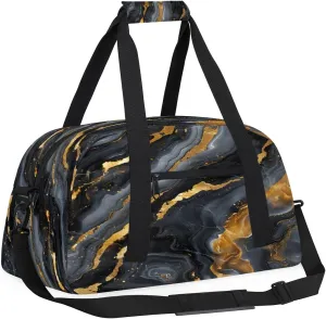 Black Grey Gold Marble Kids Overnighter Duffel Bags for Boys, Carry-On Size Sports Gym Bag with Front Zipper Pocket for School Practice or Overnight Travel Weekender Sleepover Tote Bag