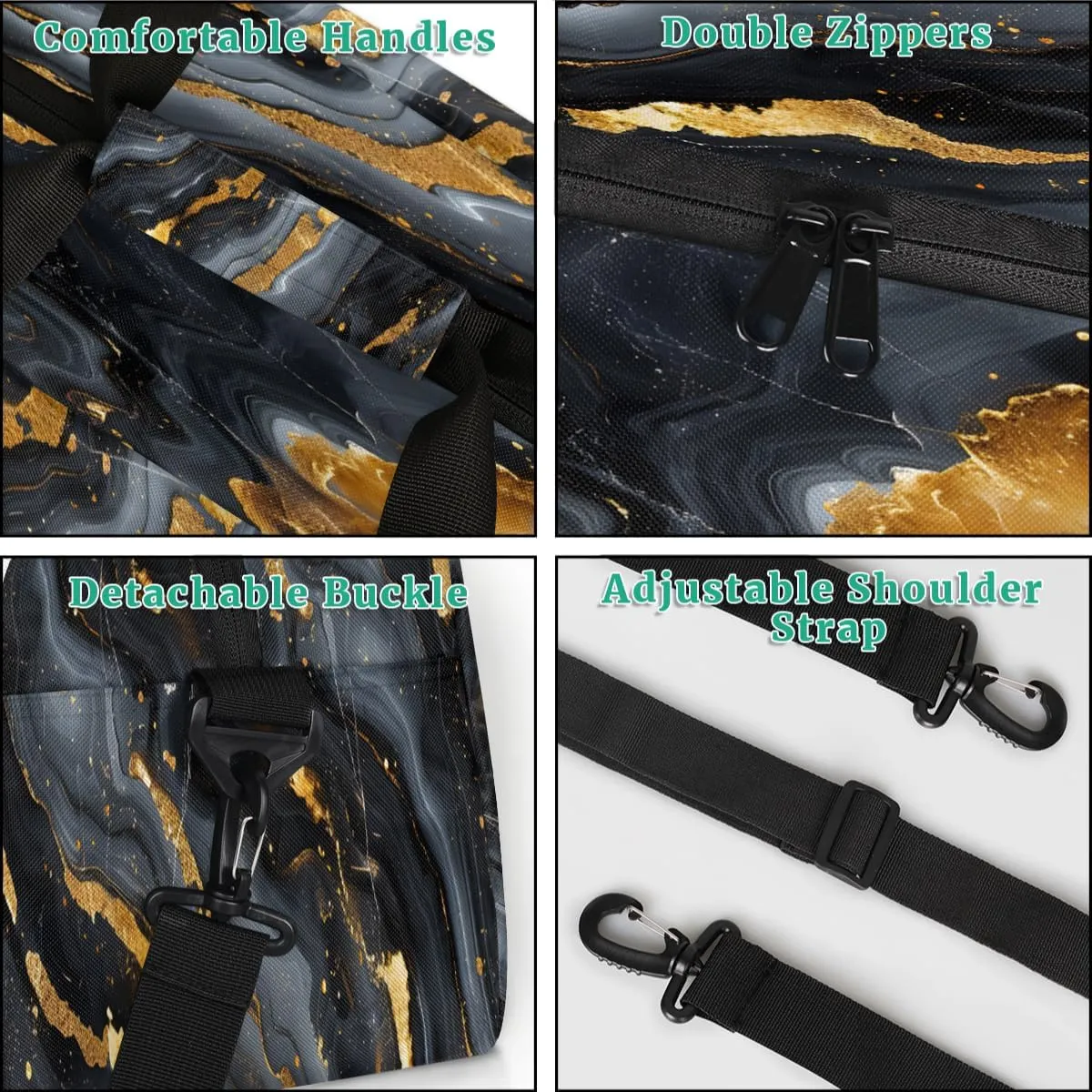 Black Grey Gold Marble Kids Overnighter Duffel Bags for Boys, Carry-On Size Sports Gym Bag with Front Zipper Pocket for School Practice or Overnight Travel Weekender Sleepover Tote Bag