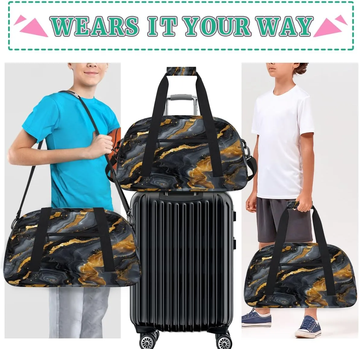 Black Grey Gold Marble Kids Overnighter Duffel Bags for Boys, Carry-On Size Sports Gym Bag with Front Zipper Pocket for School Practice or Overnight Travel Weekender Sleepover Tote Bag