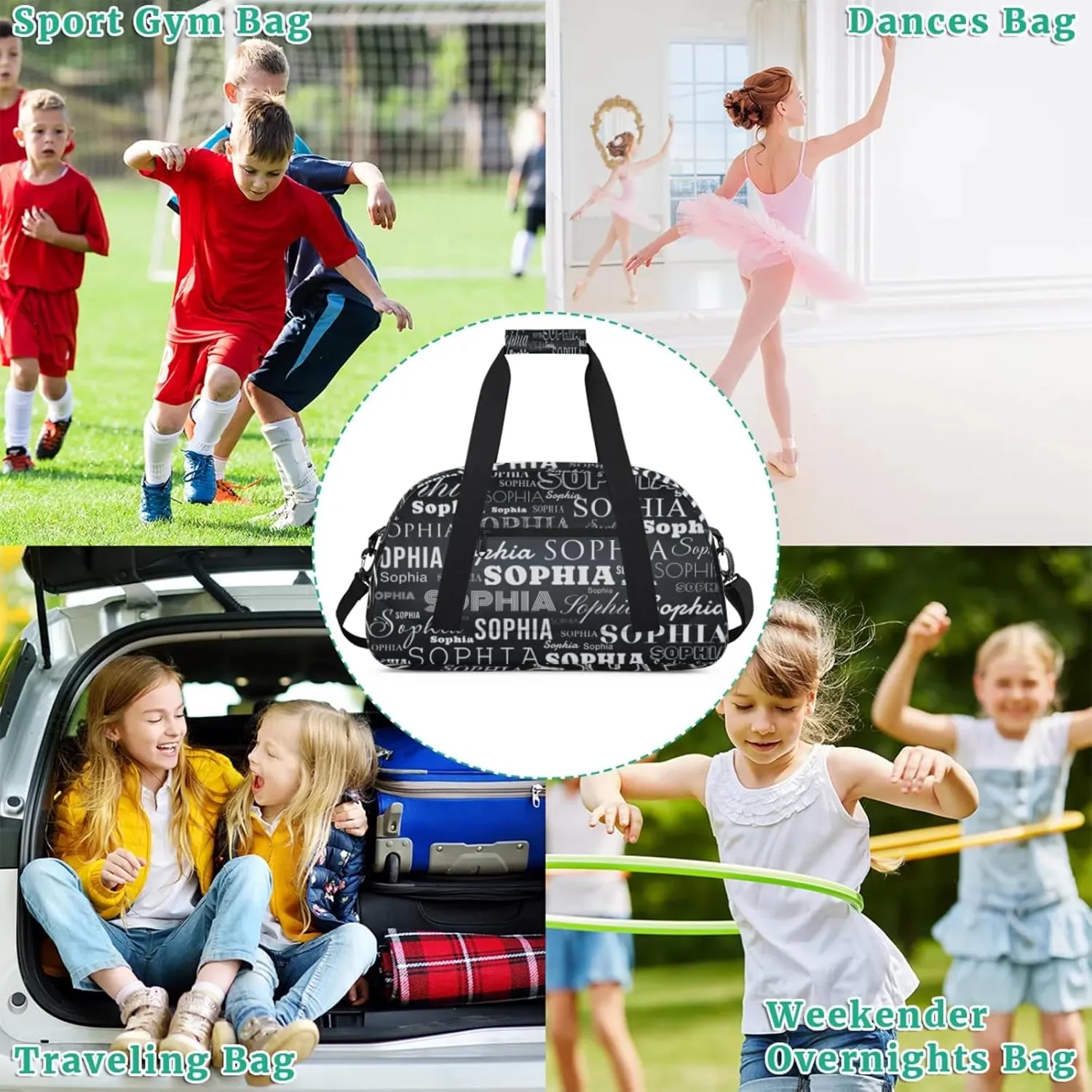 Black White Custom Dance Bag Personalized Kids Gym Bag Overnight Duffel Bag Weekender Travel Bags for Girls Gymnastics Creative Name Ballet Bag Customized Kids Gifts