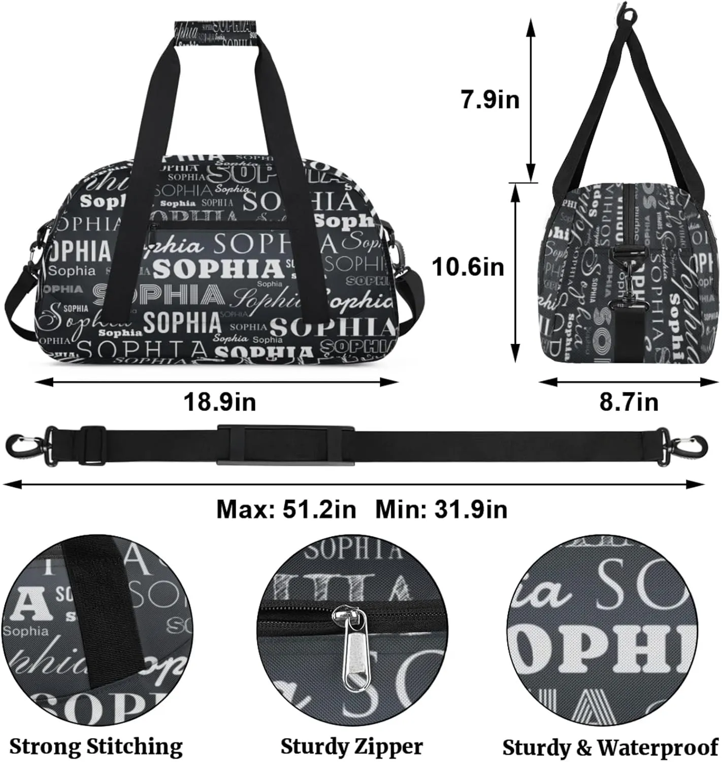 Black White Custom Dance Bag Personalized Kids Gym Bag Overnight Duffel Bag Weekender Travel Bags for Girls Gymnastics Creative Name Ballet Bag Customized Kids Gifts