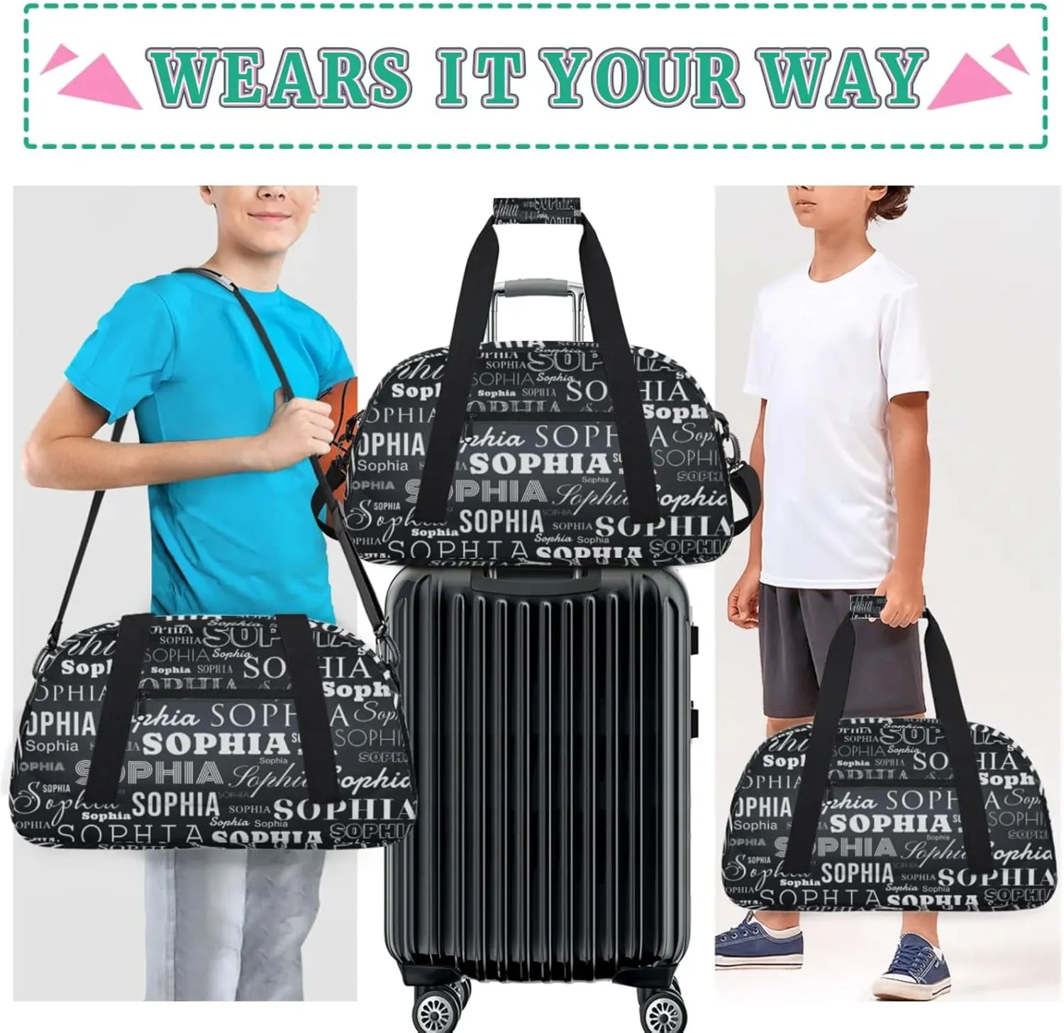 Black White Custom Dance Bag Personalized Kids Gym Bag Overnight Duffel Bag Weekender Travel Bags for Girls Gymnastics Creative Name Ballet Bag Customized Kids Gifts