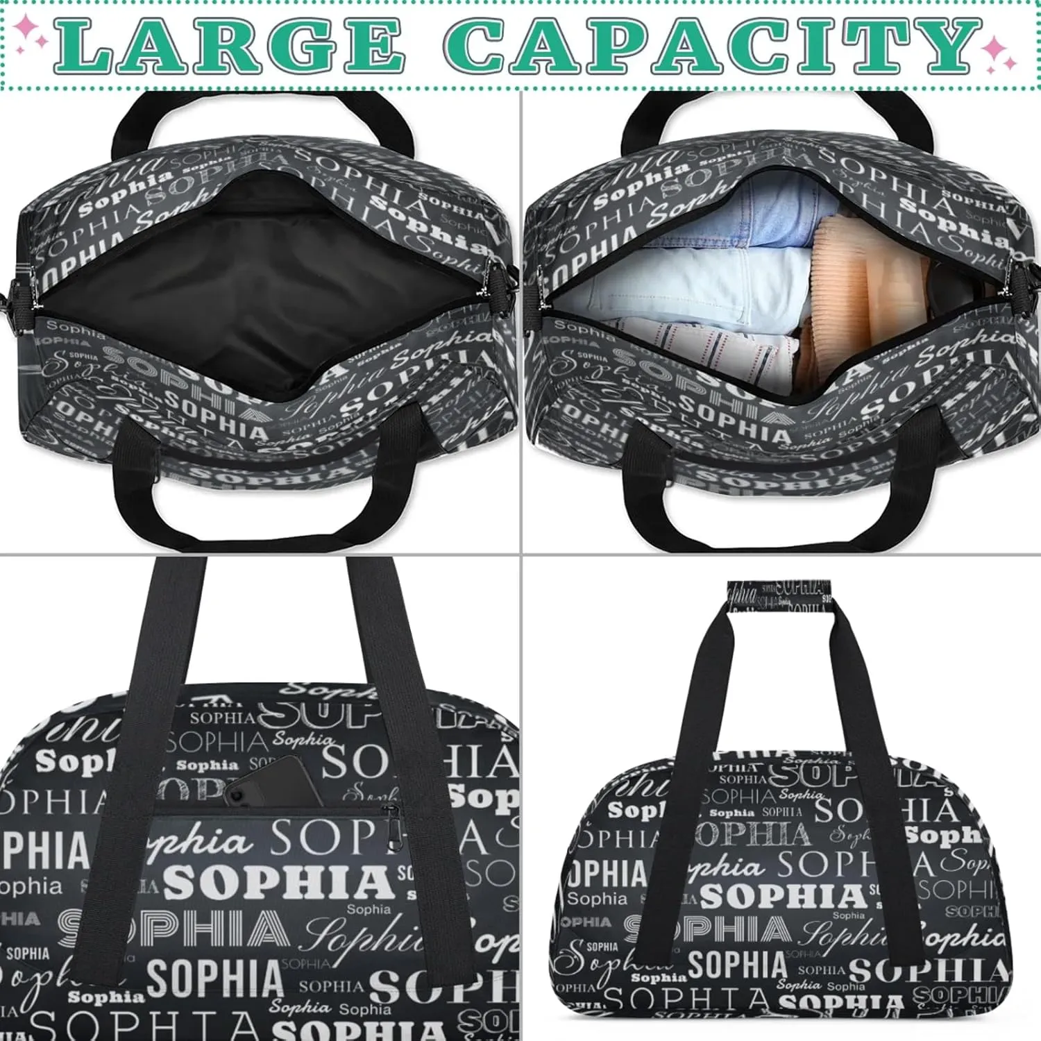 Black White Custom Dance Bag Personalized Kids Gym Bag Overnight Duffel Bag Weekender Travel Bags for Girls Gymnastics Creative Name Ballet Bag Customized Kids Gifts