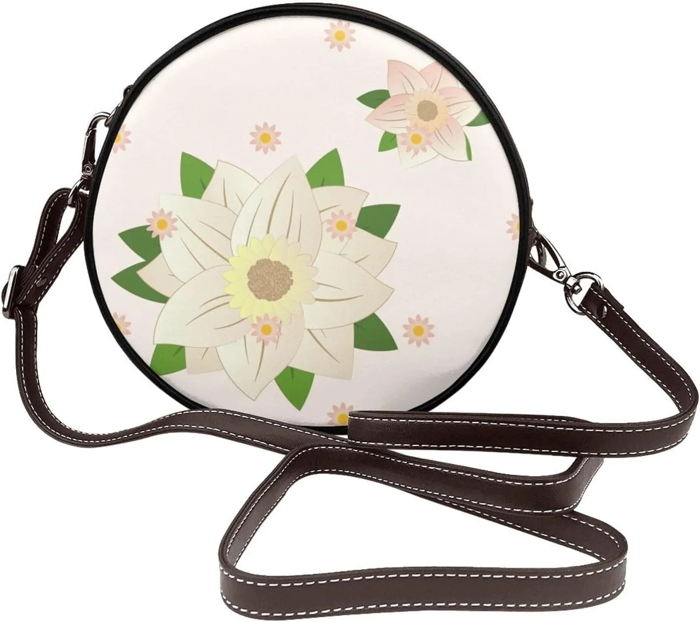 Blooming Hexagonal White Removable Shoulder Strap Waterproof Leather Shoulder Round Bag Crossbody Bag Travel Shopping Dating Handbag Purse