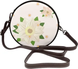Blooming Hexagonal White Removable Shoulder Strap Waterproof Leather Shoulder Round Bag Crossbody Bag Travel Shopping Dating Handbag Purse