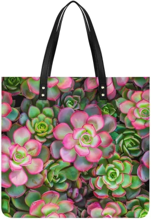 Blooming Southwest Cactus Succulents Leather Tote Bag for Women Men Shoulder Bag Casual Handbag Work Bag 39x39cm