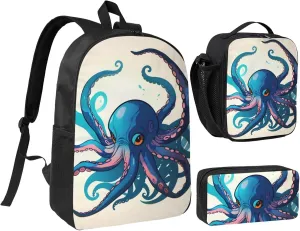 Blue and purple Octopus print 3 Piece Backpack Bags with Lunch Box Pencil Case Set for Travel Work Camping Unisex