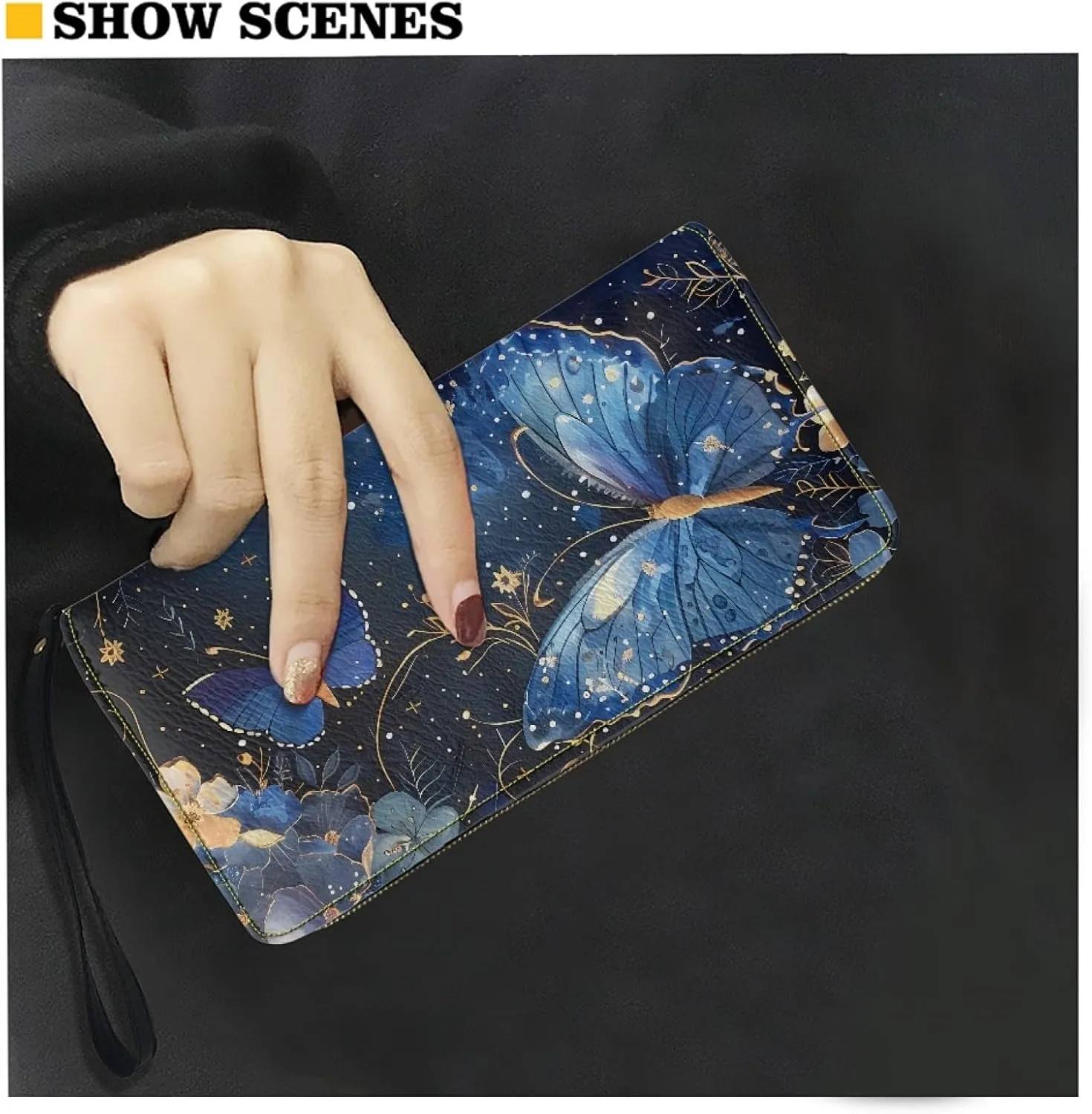 Blue Butterfly Wristlet Long Wallet for Travel Shopping Credit Card Organizer Women Handbag Phone Holder Clutch Bags Coin Purse