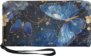 Blue Butterfly Wristlet Long Wallet for Travel Shopping Credit Card Organizer Women Handbag Phone Holder Clutch Bags Coin Purse