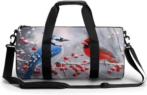 Blue Jay Cardinal Bird Winter Unisex Gym Bag Travel Duffel Bags Overnight Sport Tote with Compartment for Weekender Vacation