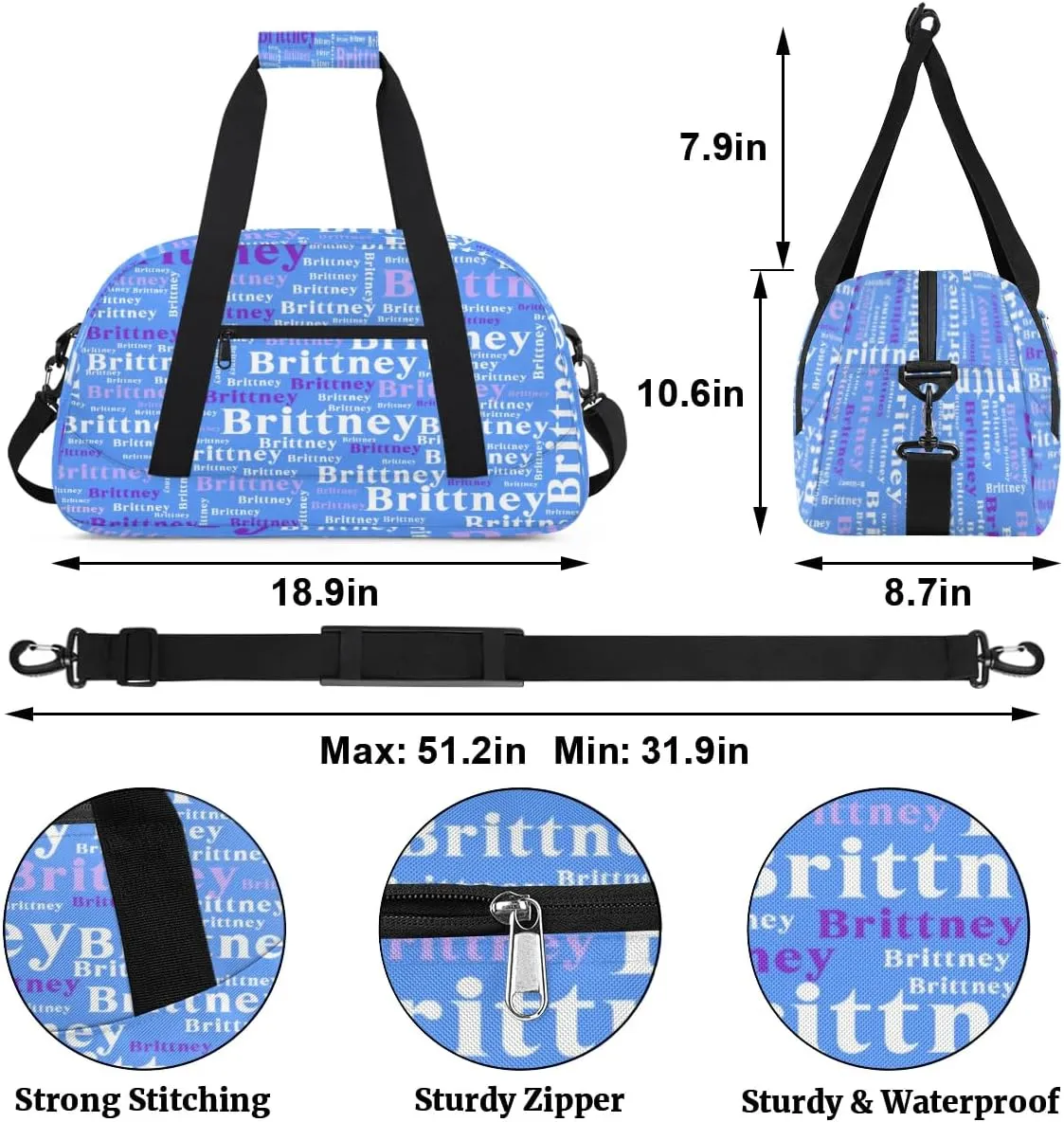 Blue Personalized Duffle Bag for Kids Custom Dance Ballet Bag with Name Lightweight Travel Weekender Overnight Bags Sport Gym Duffel Bag Workout Carry On Tote for Girls Boys