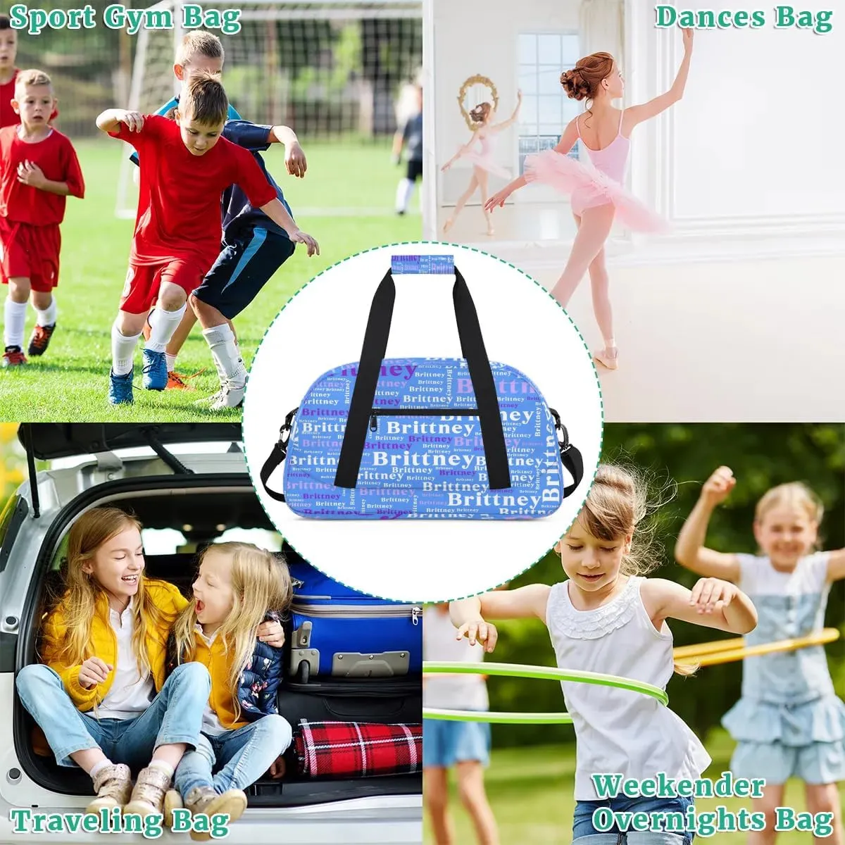 Blue Personalized Duffle Bag for Kids Custom Dance Ballet Bag with Name Lightweight Travel Weekender Overnight Bags Sport Gym Duffel Bag Workout Carry On Tote for Girls Boys