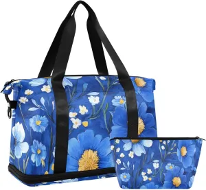 Blue Vintage Daisy Flowers Sports Gym Bag Overnight Bag with Adjustable Strap for Business Trips Multifunctional