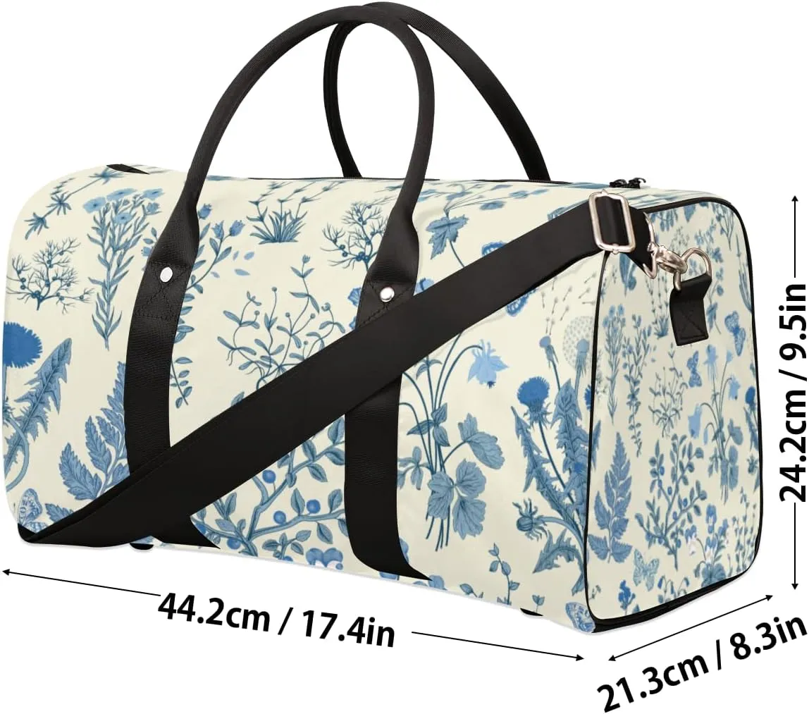 Blue Wildflower Travel Duffle Bag for Women Men Gym Duffel Foldable Bag Waterproof Weekender Botanical Flower Duffle Tote