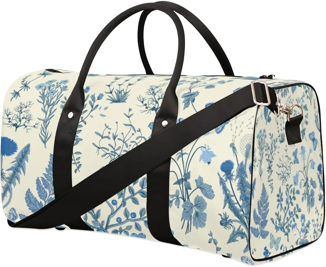 Blue Wildflower Travel Duffle Bag for Women Men Gym Duffel Foldable Bag Waterproof Weekender Botanical Flower Duffle Tote
