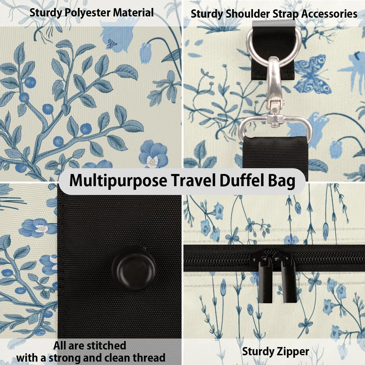 Blue Wildflower Travel Duffle Bag for Women Men Gym Duffel Foldable Bag Waterproof Weekender Botanical Flower Duffle Tote