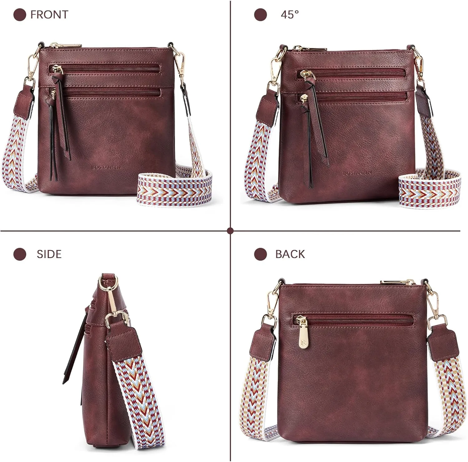 BOSTANTEN Crossbody Bags for Women Trendy Vegan Leather Purse Designer Shoulder Handbags with Adjustable Strap Zipper Pocket