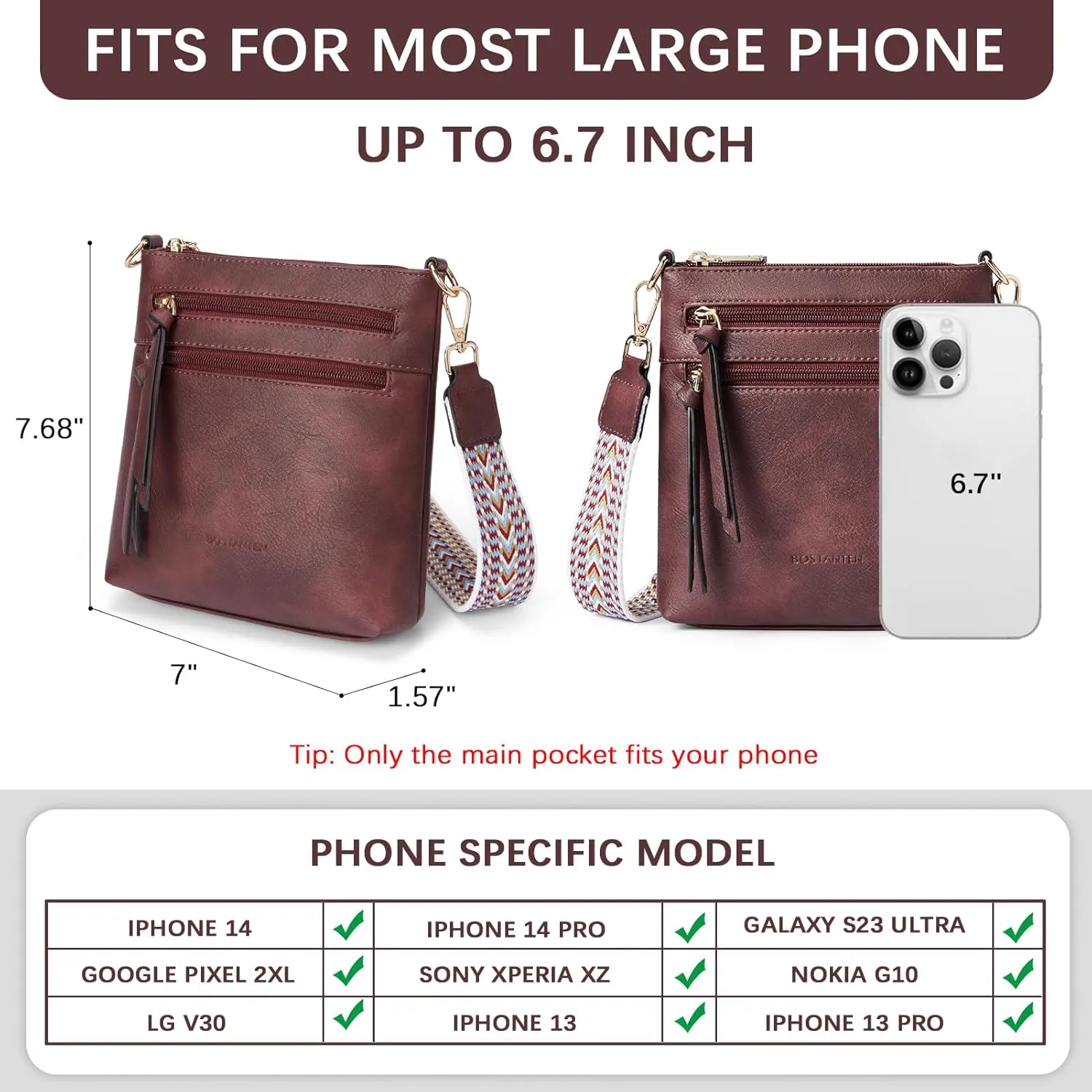 BOSTANTEN Crossbody Bags for Women Trendy Vegan Leather Purse Designer Shoulder Handbags with Adjustable Strap Zipper Pocket